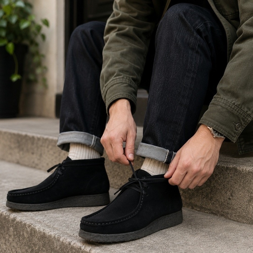 Clarks Originals Wallabee Boots Black Suede Men's 9.5 M Moc Toe Crepe Sole